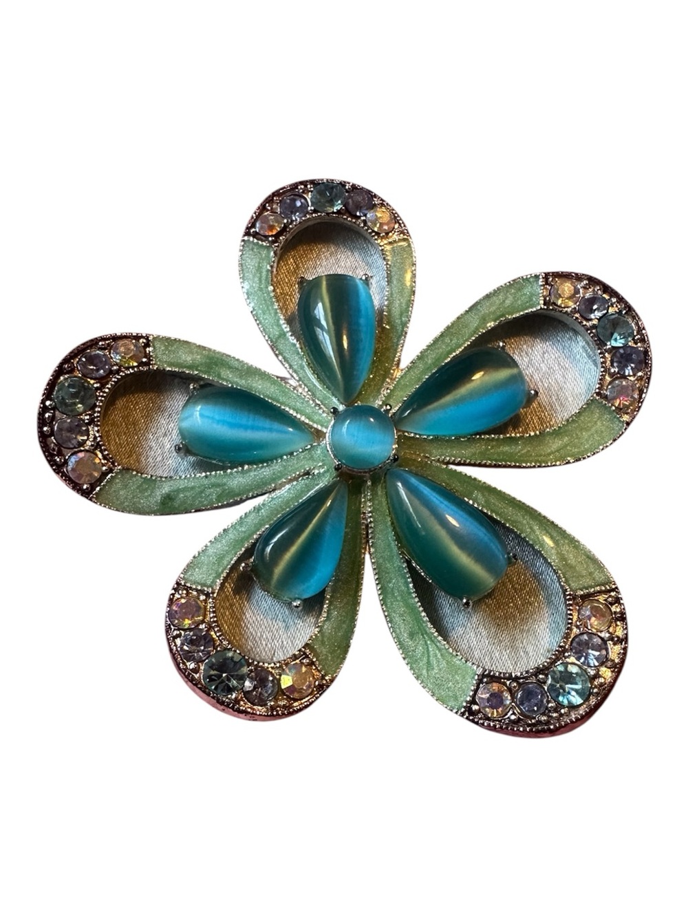 Vintage Monet Signed Aqua Blue Cat's Eye Flower Brooch Pin Enamel Rhinestone
